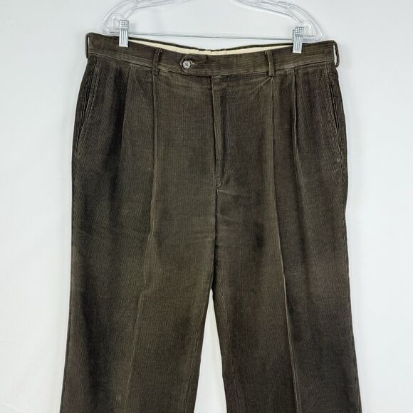 VTG Jos. A. Bank Mens Pants Green Corduroy Straight Cuffed Pleat Chinos Size 35 - Picture 1 of 14